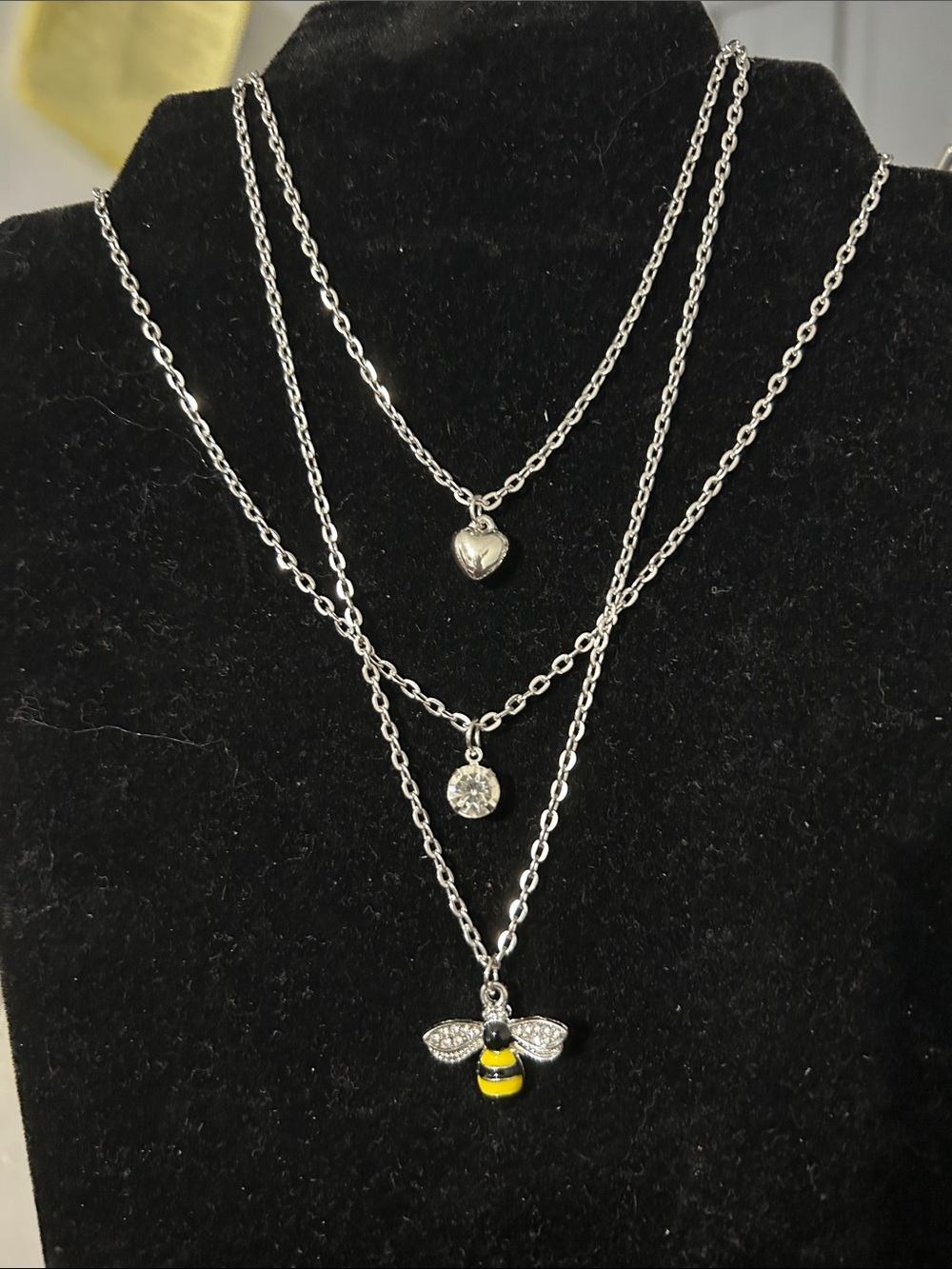 Women’s Silver Triple-Layer Bee Pendant Necklace with Yellow Enamel